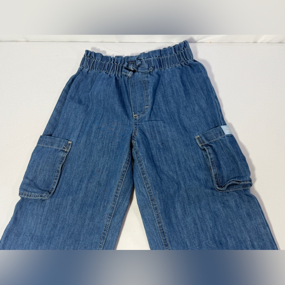 Calvin Klein Girls 4T Denim Cargo Pants Elastic Waist Wide Leg Blue Jeans - Picture 2 of 10